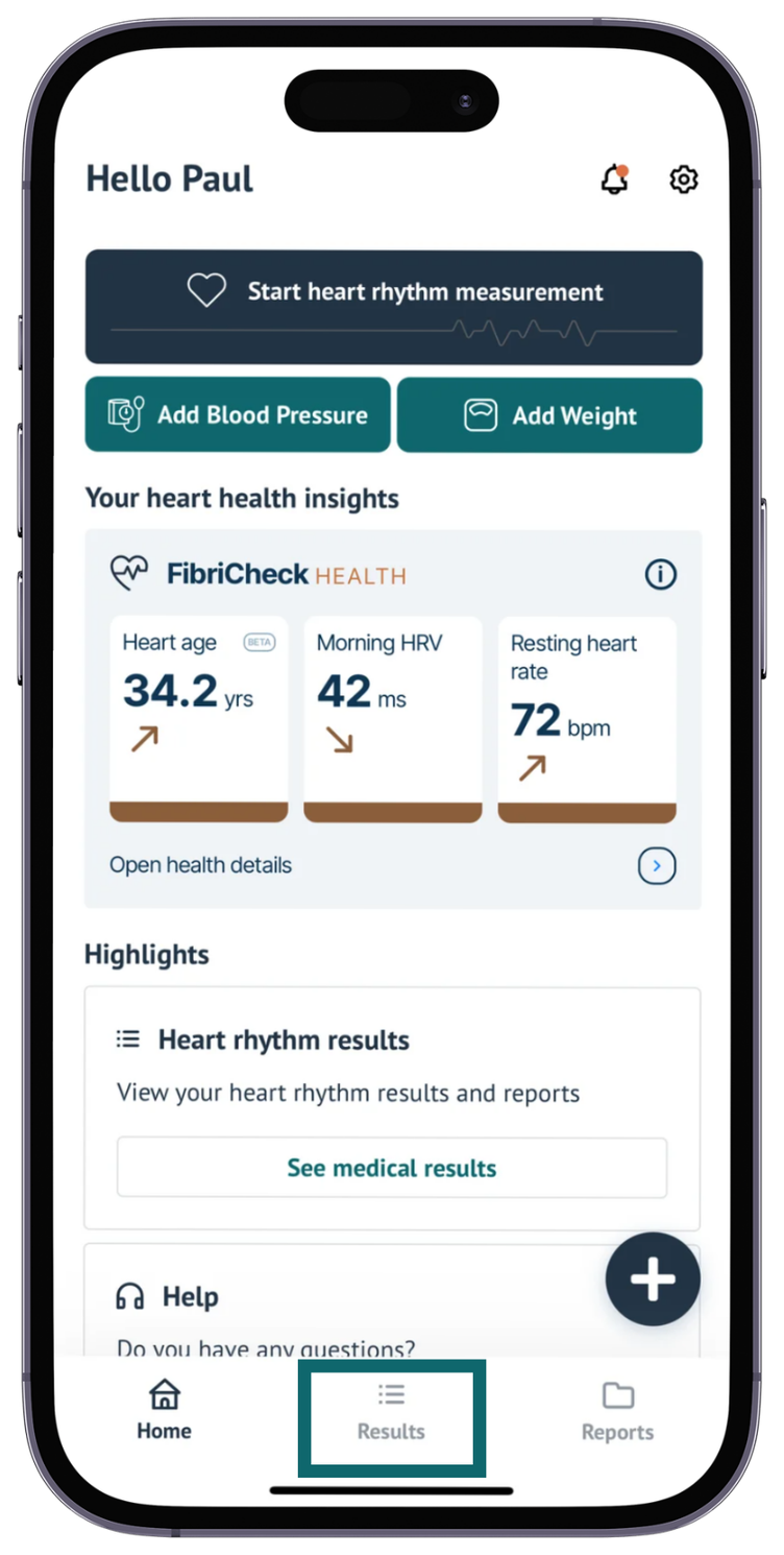 The FibriCheck app home screen, with the Results tab highlighted in the menu at the bottom.