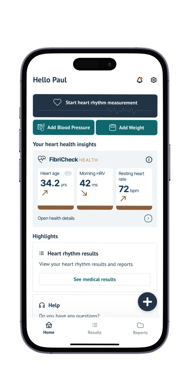 The FibriCheck app home screen, with buttons to start a heart rhythm measurement, add blood pressure and add weight.