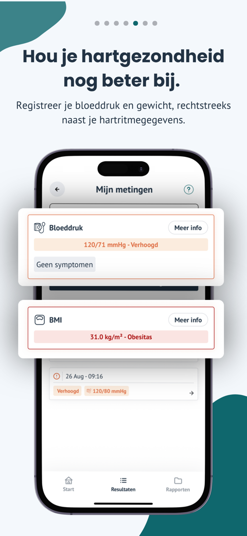 Hou je hartgezondheid nog beter bij. Een geregistreerde bloeddruk van 120/71 mmHg en een BMI-waarde, naast je hartritmegegevens.
