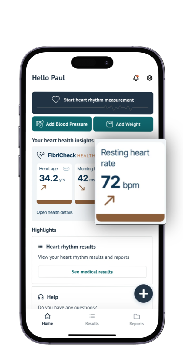 The FibriCheck app home screen with the heart health insights, highlighting a resting heart rate of 72 bpm with an upward arrow, next to a heart age of 34.2 years and a morning HRV of 42 ms.