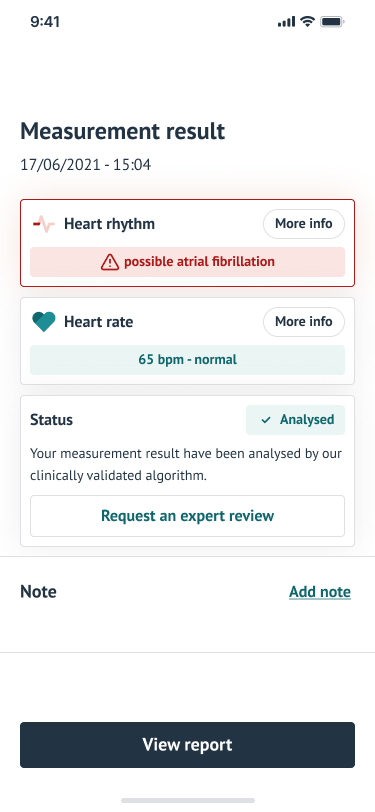 A FibriCheck measurement result screen